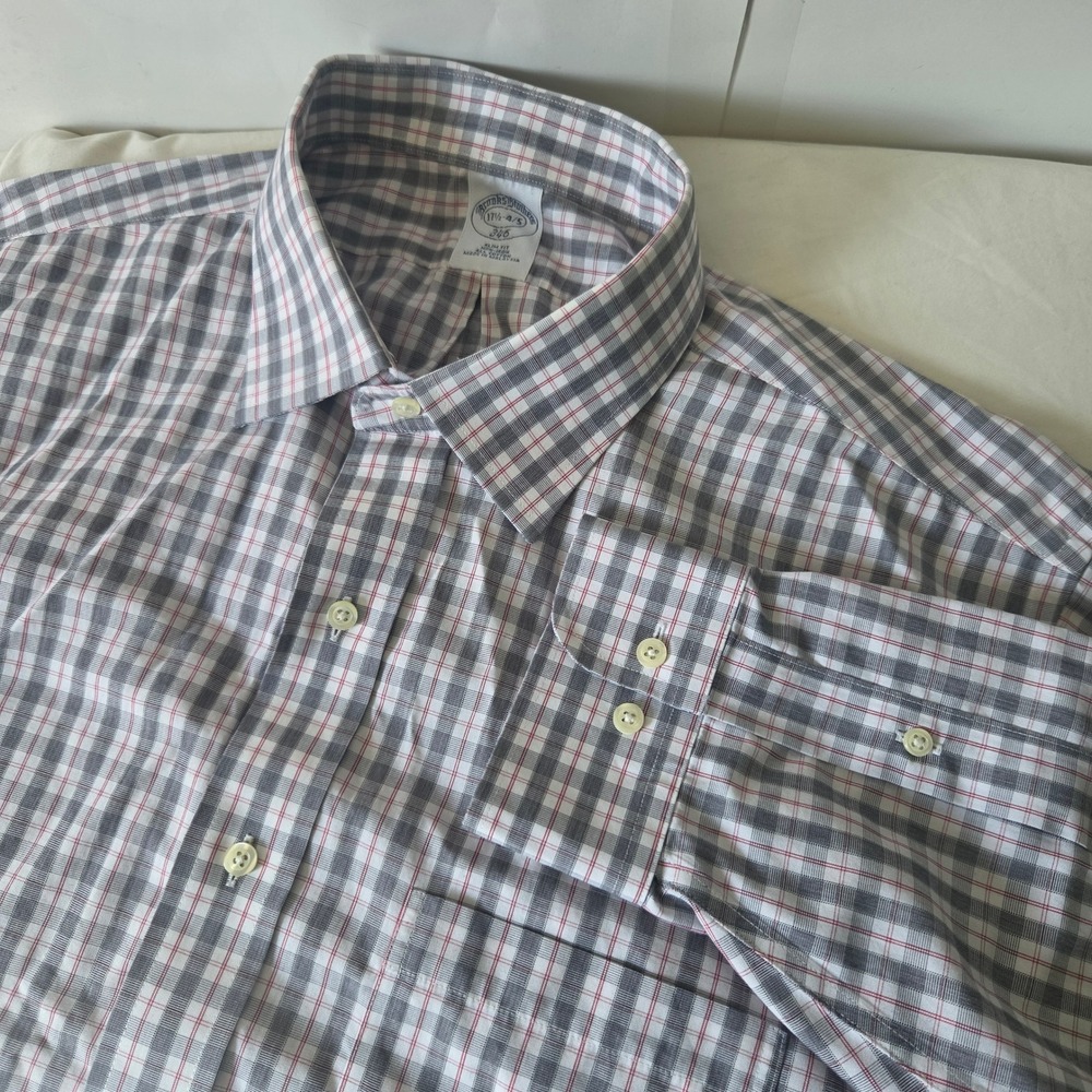 Brooks Brothers 346 Mens Slim Fit Non Iron Plaid Dress Shirt 17.5 34/35 Grey Red